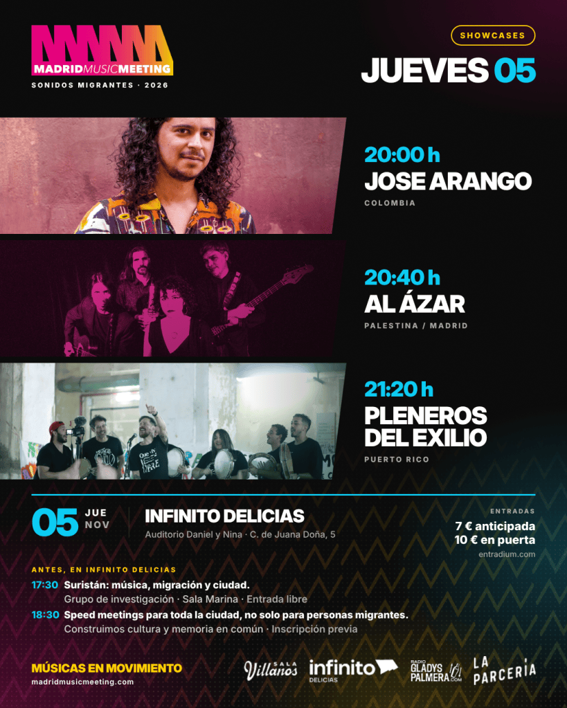 Cartel del jueves 5 de noviembre con Jose Arango, Al Ázar y Pleneros del Exilio