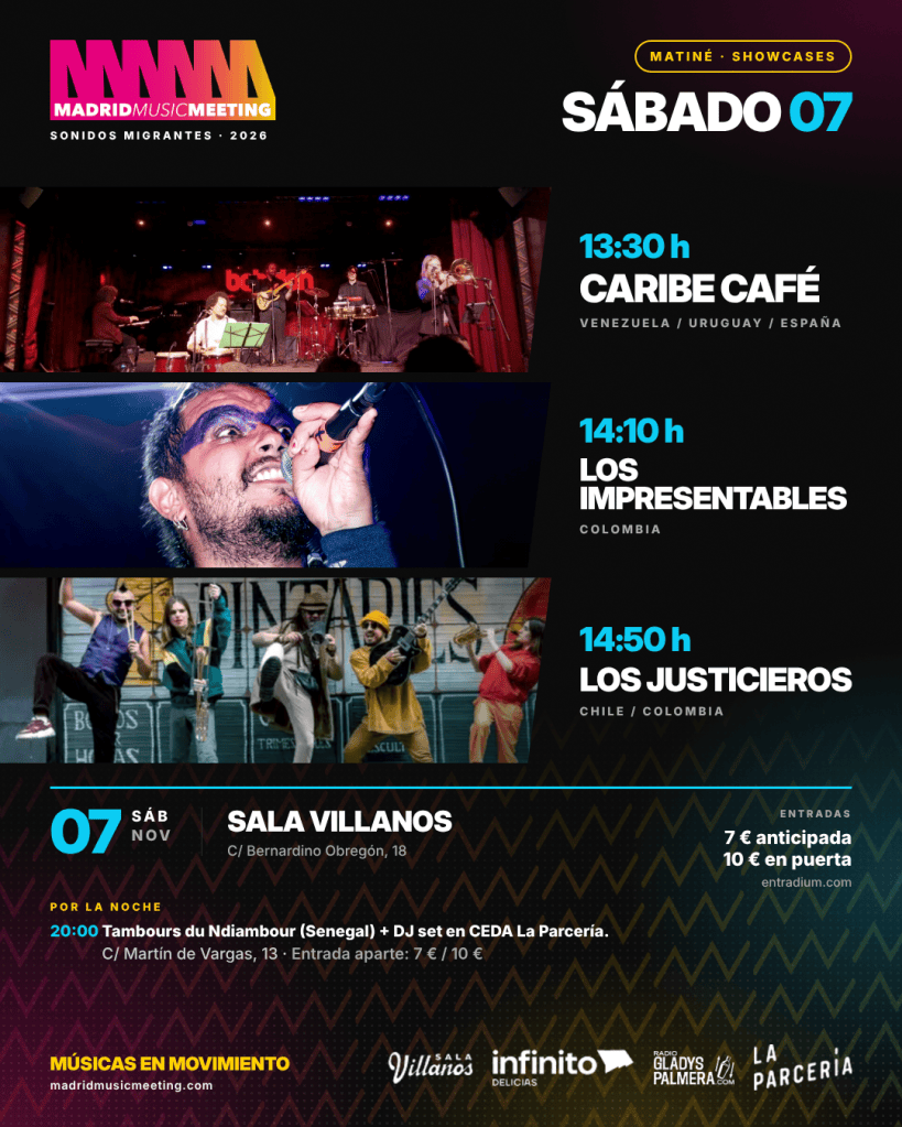 Cartel de la matiné del sábado 7 de noviembre con Caribe Café, Los Impresentables y Los Justicieros